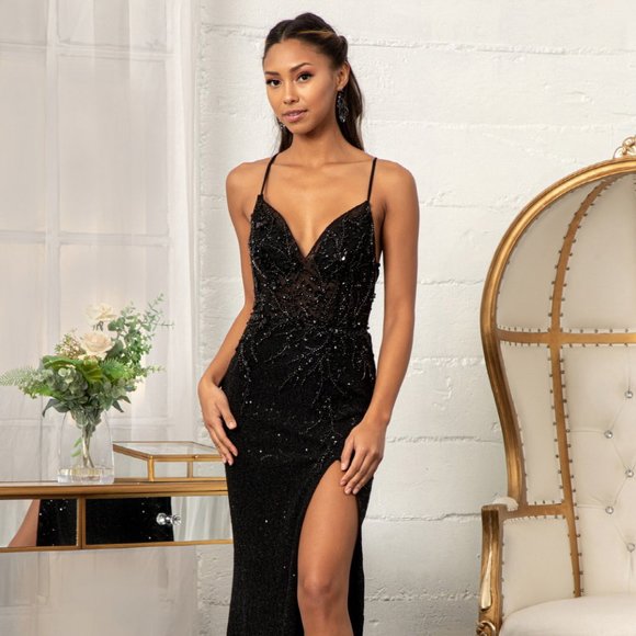 NEW BLACK CHIFFON LONG MERMAID STRAPS DRESS WITH SEQUINS SKIRT WITH SLIT GL3006 - Picture 1 of 8